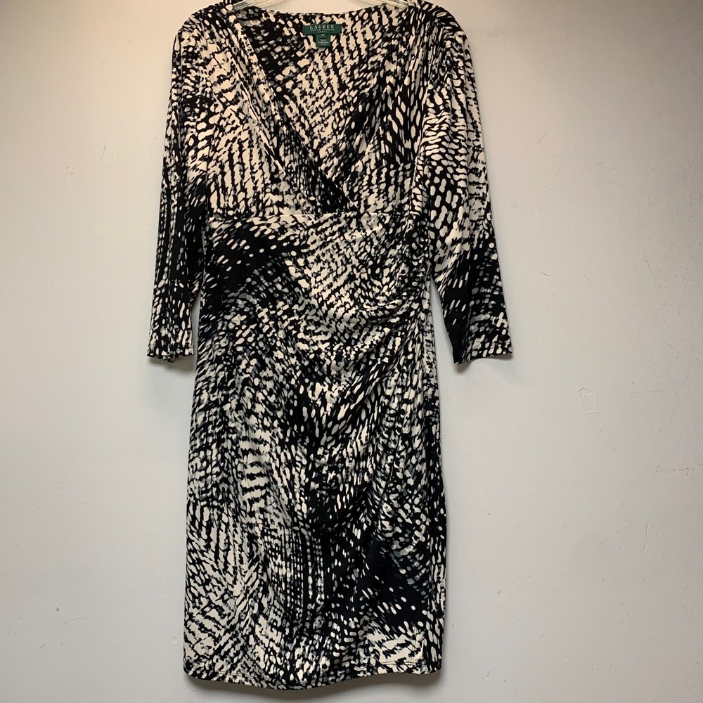 Lauren Ralph Lauren Wrap Dress Womens 14 Black White Excellent Abstract Ruched